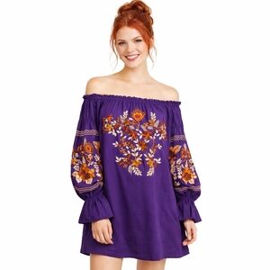 Free People Purple Fleur Du Jours Embroidered Boho Off Shoulder Mini Dre…